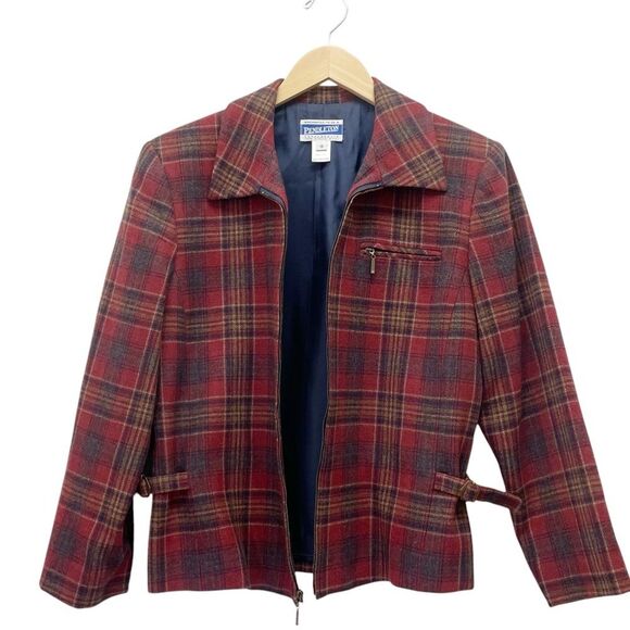 Pendleton Knockabouts Virgin Wool Zip Front Jacket Burgundy Blue Plaid Size 10 - Picture 7 of 16